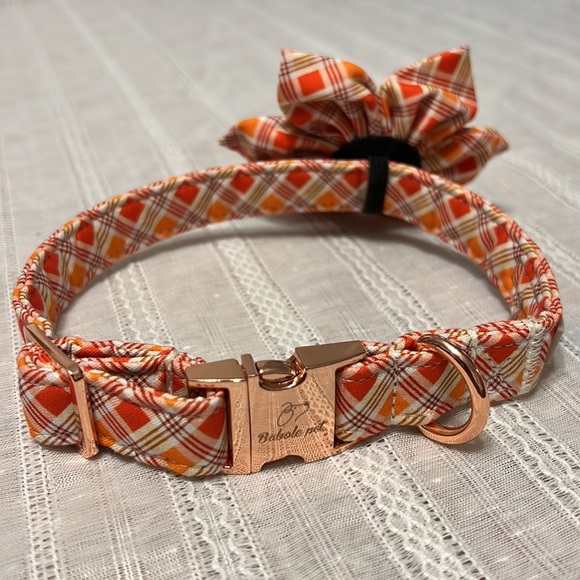 Babole Pet Fall Girl Dog Collar Flower Tie, Orange Striped Plaid Floral Collar - Picture 8 of 9
